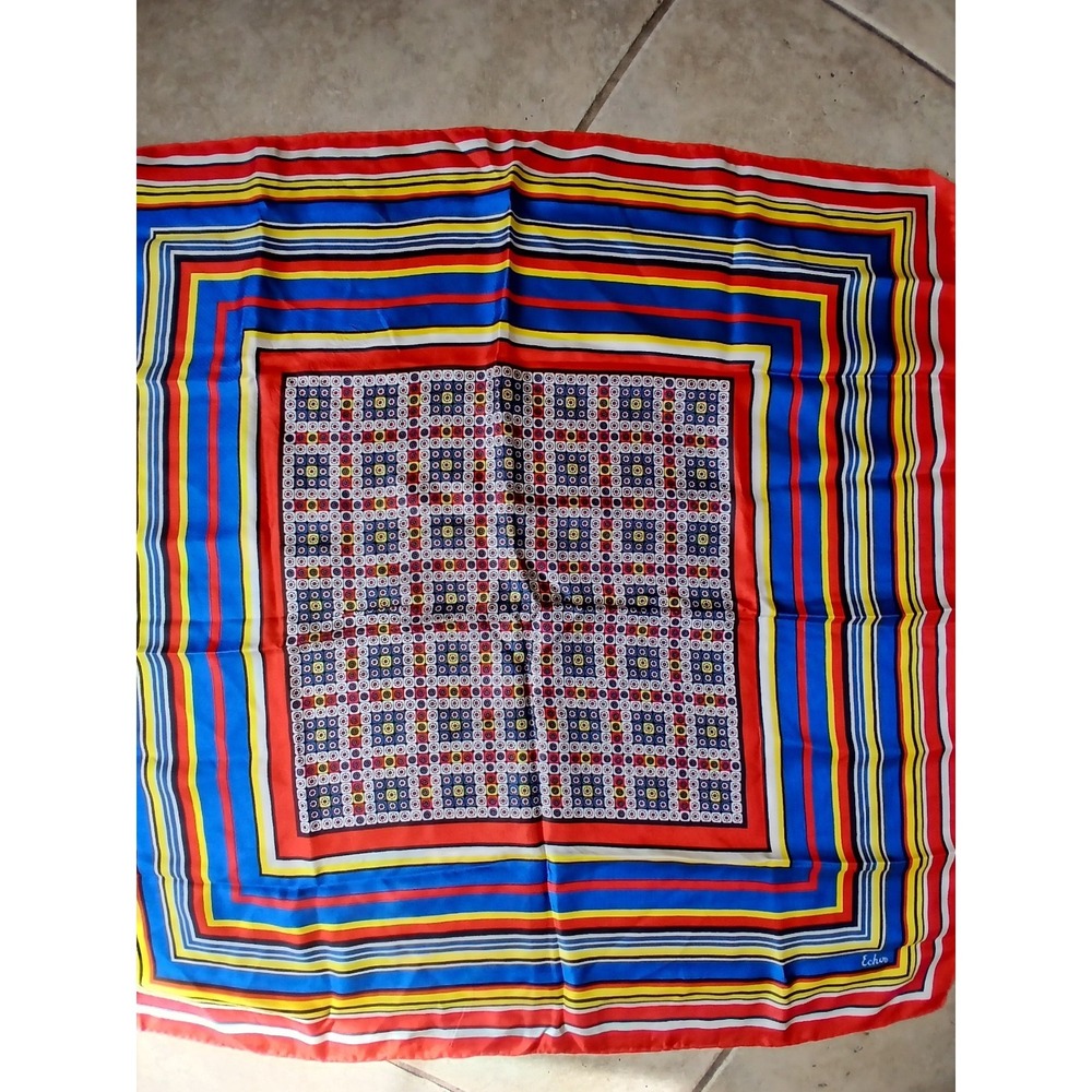Vintage Echo Red White Blue Geometric Silk Square Scarf 22" Polka Dot‎